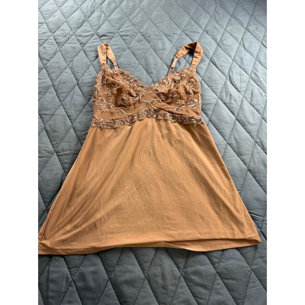 Vintage Soma Lace Trim Embroidered Camisole Lingerie Top Brown Adjustable Straps